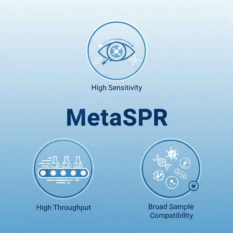 Illustration showing how MetaSPR technology works - light beams striking a nanostructured metasurface chip to generate plasmon resonance for detecting biomolecular interactions. (STEMart Original)