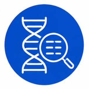Genomics and gene analysis technology icon featuring DNA structure and molecular search symbol representing gene mapping, sequence analysis, RNA interference, ChIP assay, and genomic analysis applications