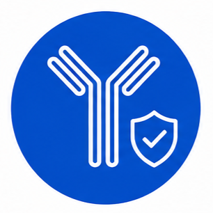 Antibody and immunology technologies icon featuring antibody structure and immune protection symbol representing antibody preparation, immunohistochemistry, fluorescence complementation, and immunological analysis applications