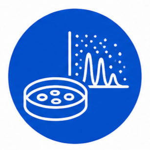 Cell biology technologies icon featuring cell culture dish and analytical signal symbol representing cell culture technology, flow cytometry, cellular analysis, and biological research applications