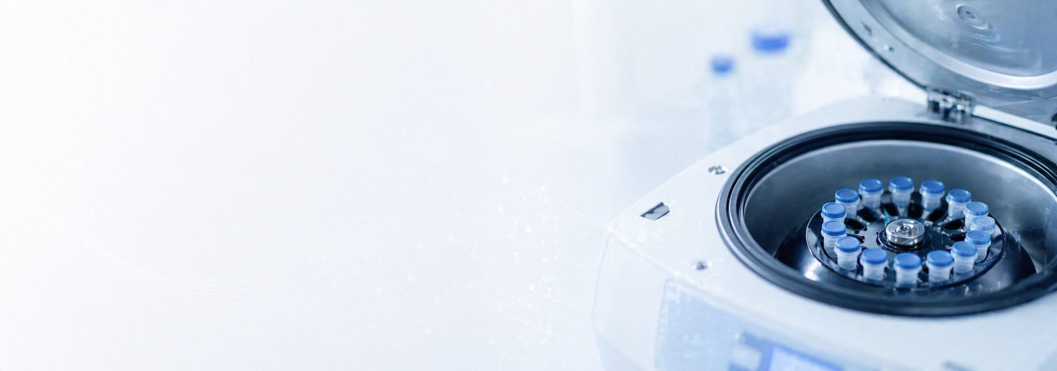 Comprehensive scientific services banner featuring an open laboratory centrifuge and professional biotechnology research environment representing STEMart integrated scientific and engineering services (STEMart Original)