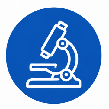 Testing and analysis services icon with blue circular microscope symbol representing industrial testing, materials testing, analytical testing, and scientific evaluation services (STEMart Original)