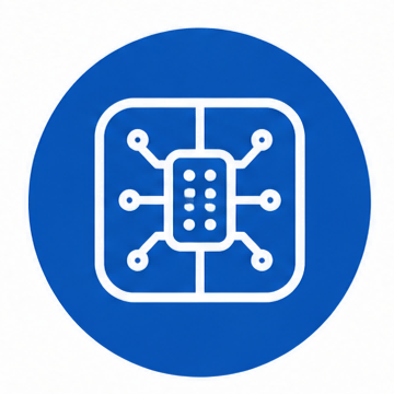 Microfluidics and advanced technologies icon with blue circular microchip symbol representing microfluidic platforms, lab-on-a-chip technologies, and advanced scientific innovation (STEMart Original)