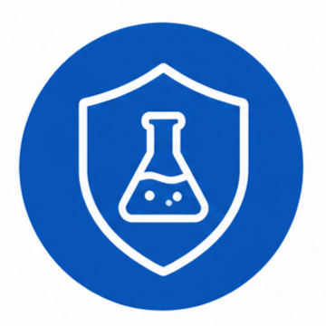 Safety and laboratory supplies support icon with blue circular laboratory shield symbol representing personal protective equipment and laboratory safety support services (STEMart Original)
