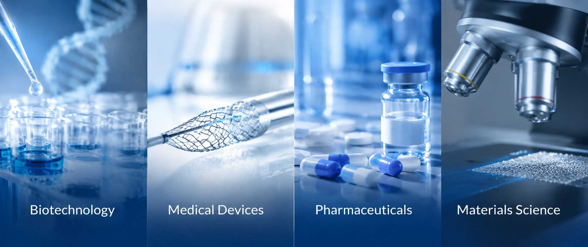 Scientific industries banner featuring biotechnology, medical devices, pharmaceuticals, and materials science with realistic laboratory and research imagery in a modern blue corporate style (STEMart Original)