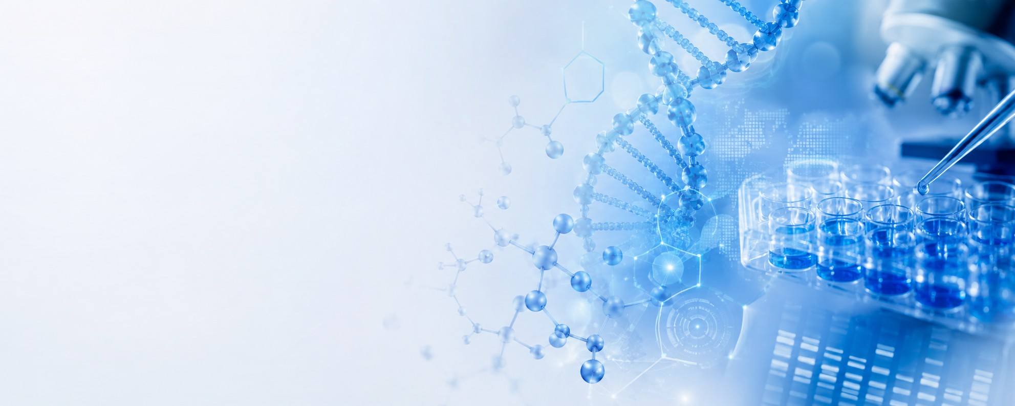Advanced scientific solutions banner featuring DNA structures, molecular graphics, laboratory glassware, microscope optics, and biotechnology research elements in a modern blue scientific environment (STEMart Original)