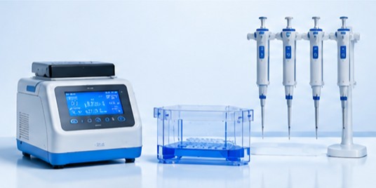 Molecular biotechnology technology platform image featuring PCR instruments, laboratory pipettes, microplates, and molecular biology research equipment for genomics and biotechnology applications (STEMart Original)